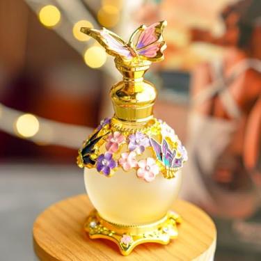 Imagem de SEVENBEES Frasco de perfume vintage borboleta, recipiente de óleo essencial recarregável de 15 ml, vidro dourado com design floral, 8 x 4 cm