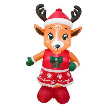 Imagem de MotiveTech Rena inflável de Natal de desenho animado de 155 cm com luzes, plugue americano de 110 V para decoração natalina externa com chapéu vermelho e roupas.