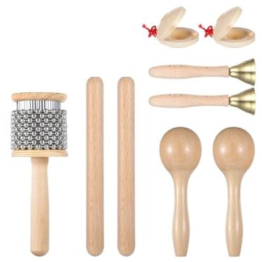 Imagem de LUMINFLY Kit de instrumentos de percussão de madeira com 9 peças, conjunto de percussão manual com maracas, bastões de ritmo, castanholas, sinos e cabasa