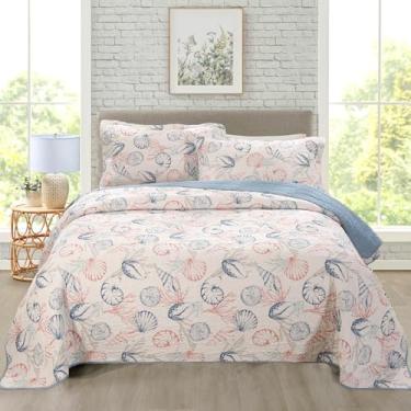 Imagem de WINLIFE Conjunto de colcha 100% algodão, oceano, praia, blush, rosa, concha, concha, tamanho king - 3 peças, colcha costeira leve, estampa de coral, fronhas de cama (98" x 106")