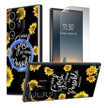 Imagem de RAUEDWDJS Capa magnética para Samsung Galaxy S24 Ultra 5G com suporte para câmera e protetor de tela, capa protetora resistente à prova de choque resistente - girassol Matthew 19:26