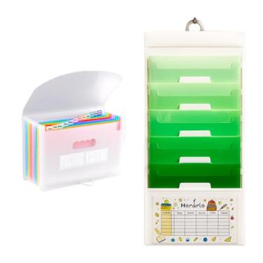 Imagem de Kit Pasta Sanfonada A4 com 12 Divisórias + Organizador de Documentos Pendurável 6 Bolsos Removíveis, Expandível, 36x88 cm, Arquivos, Escritório, Escola, Casa e Organização (Transparente e Verde)
