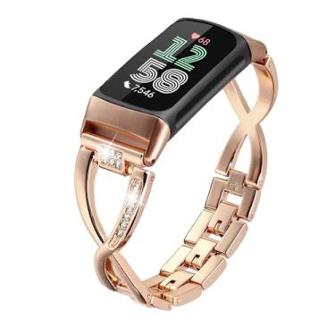 Imagem de Mtozon Pulseiras de substituição elegantes compatíveis com Fitbit Charge 6 femininas de aço inoxidável, ouro rosa