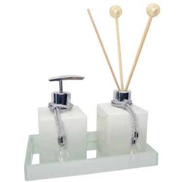 Imagem de Kit Lavabo Moderno Vidro Branco Para Hotel C/Difusor de Varetas, Saboneteira e Bandeja Luxo Chique(Ambar Degrade C/Dourado)