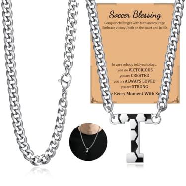 Imagem de NUKAYAI Colar de futebol com letra A a Z para homens, pingente de pingente de aço inoxidável, corrente de prata, acessórios de joias, material de 50,8 cm, colares personalizados, presentes de futebol