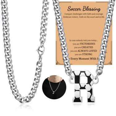 Imagem de NUKAYAI Colar de futebol com letra A a Z para homens, pingente de pingente de aço inoxidável, corrente de prata, acessórios de joias, material de 50,8 cm, colares personalizados, presentes de futebol
