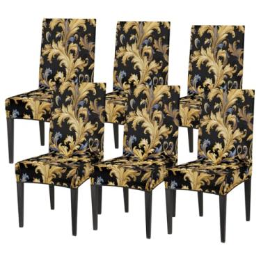 Imagem de hongjinglin Conjunto de 6 capas elásticas para cadeira de sala de jantar, capa protetora de assento de flor, paisley, amarela, lavável, para cozinha, casa, hotel, banquete, festa de casamento
