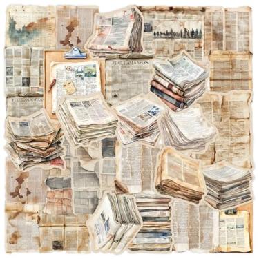 Imagem de 100 peças de adesivos de jornal vintage - adesivo de papel envelhecido retrô para diário, scrapbooking, laptop | vinil à prova d'água manchetes antigas/adesivos de manchas de café | Presente para
