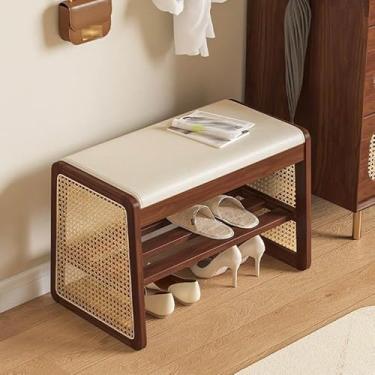 Imagem de Yadlan Banco de madeira maciça com almofada, sapateira de 2 camadas para entrada, quarto ou armário, banco de canto para corredor, sala de estar, cor nogueira 100 cm