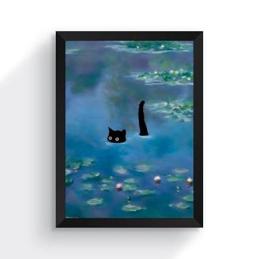 Imagem de quadro canvas pintura artistica gato preto estilo monet nenufares moldura preta 30x40 cm