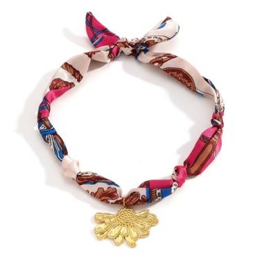 Imagem de immerFancy Colar feminino com pingente de cachecol, dourado, boêmio, borgonha, vermelho, seda, bandana, aço inoxidável, girassol, margarida, pingente, colar, moderno, vintage, feito à mão, joia Y2K