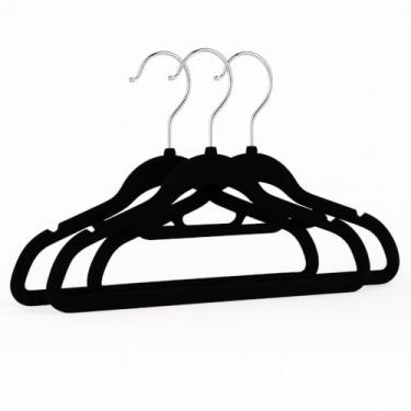 Imagem de Kit 3 Cabides de Veludo Slim Antiderrapante, Economiza Espaço e Protege Roupas (Preto)