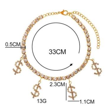 Imagem de Tornozeleira Pingente Cifrão Dinheiro Strass Prateada C3445 - Geral