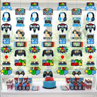 Imagem de Decoração de faixa de jogo, guirlanda cortada em papel, decoração de parede de quarto, jogo azul, banho de bebê de aniversário, suprimentos de festa
