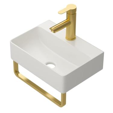 Imagem de Yurshen Pia de vaso de parede, pia de banheiro suspensa de porcelana retangular de 35,5 x 25,4 cm com toalheiro dourado, pia pequena para economia de espaço