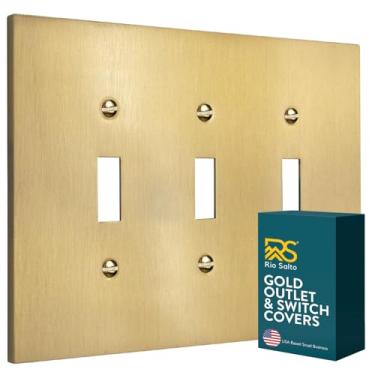 Imagem de Rio Salto Capa de interruptor de interruptor de luz tripla moderna de metal latão dourado capas decorativas de interruptores de interruptor de parede tomada elétrica soquete triplo - tamanho médio 3
