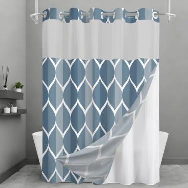 Imagem de Cortina de chuveiro sem gancho com conjunto de forro de encaixe, design geométrico moderno, cortina de banheiro à prova d'água estilo hotel com janela superior de malha transparente, azul egeu 181 x