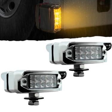 Imagem de 2 luzes marcadoras de LED (lentes transparentes) com função alta, baixa, âmbar/vermelho, com viseira dupla face cromada, luzes de para-choque dianteiro, substituição para caminhões Peterbilt/Kenworth