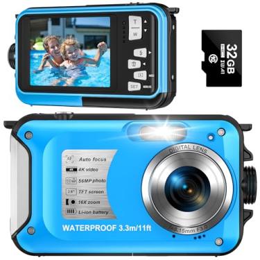 Imagem de Cartão subaquático 4K de 56 MP com foco automático de 1250 mAh 32 GB, tela dupla à prova d'água de 4 m, câmera digital flutuante para mergulho com snorkel