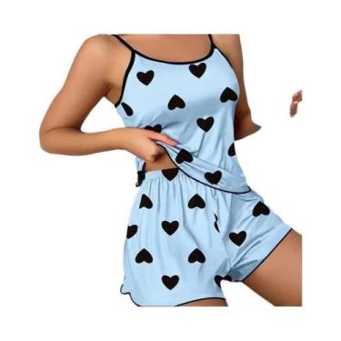 Imagem de Conjunto de Pijama Feminino Rosa com Estampa de Coração - Seda Gelada 