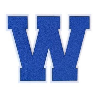 Imagem de 1 Patch de letra de chenille azul de 15 cm com borda branca – adesivos do alfabeto para roupas, jaquetas, mochilas, chapéus para decoração personalizada, nome personalizado e artesanato. (W)