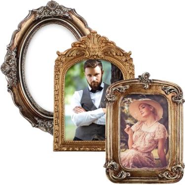 Imagem de AceOrbit 3 porta-retratos vintage, 10 x 15 cm, oval quadrado, arqueado, antigo, moldura para pendurar na mesa e na parede com vidro de alta definição para galeria antiga, decoração de casa, ouro