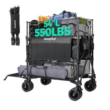 Imagem de SunnyFeel Carroça de dois andares 500L, carrinho utilitário dobrável resistente de 150 kg com porta traseira, freios, bolsos laterais e rodas grandes para acampamento, pesca e uso ao ar livre, preto
