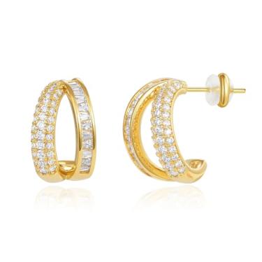 Imagem de KissYan Brincos de argola para mulheres, banhado a ouro branco 14K, fileira dupla, zircônia cúbica, leve, vazado, hipoalergênico, joias delicadas, presentes, Latão, Zircônia cúbica