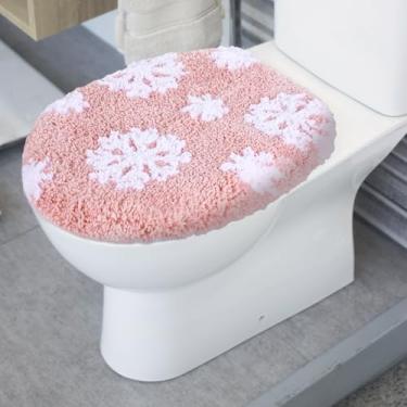 Imagem de FYSUIMU Capa de vaso sanitário de floco de neve rosa capa de assento de vaso sanitário de inverno com suporte de borracha ajustável para a maioria das tampas decoração de banheiro de Natal, inverno