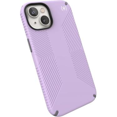Imagem de Speck Capa Presidio2 Grip MagSafe para iPhone 14/13/16e (6,1 polegadas) – Proteção fina de camada dupla contra quedas e arranhões, aderência antiderrapante – roxo primavera/cinza nublado/branco