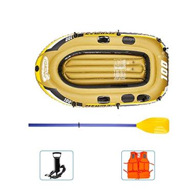 Imagem de LMJYU Barco inflável de borracha, barco de pesca fluvial para 1 pessoa, com 2 remos de alumínio e bomba de pé, carga máxima de 120 kg para esportes aquáticos