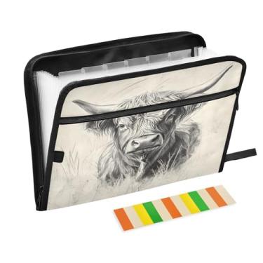 Imagem de CEBUGI Pasta expansível de 13 bolsos, impermeável, sanfonada, organizador de arquivos com etiquetas tamanho A4, organizador de documentos de papel para escola, material de escritório, vaca Highland