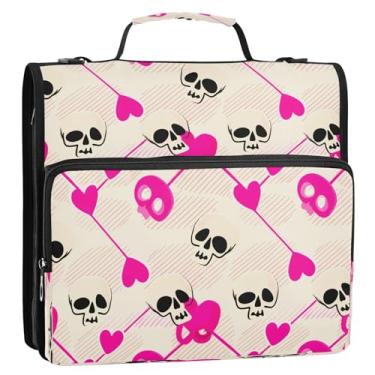 Imagem de Wassud Pasta organizadora expansível de caveiras com corações com 3 anéis com alça de ombro e alça Trapper Keeper