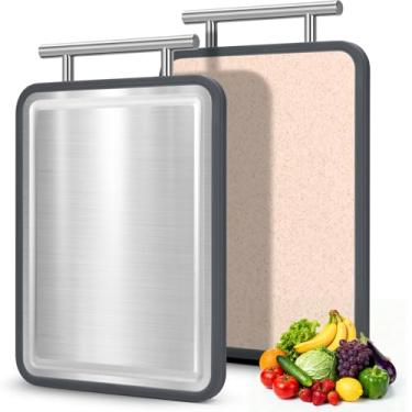 Imagem de Tábua de corte de aço inoxidável 20 x 25 cm, tábuas de corte de metal dupla face IDekooror para cozinha, tábuas de corte com aço e palha de trigo PP, tábua de cortar para carne e legumes, pode ser