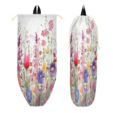 Imagem de xigua Suporte de parede para saco plástico de flores coloridas com cordão 1 pacote, organizador de sacolas de supermercado reutilizável para bolsas, meias, roupas íntimas e gravatas