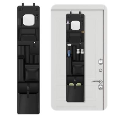 Imagem de Organizador de armário suspenso 132 x 28 cm com espelho, pano preto não tecido, organizador de porta de armário com vários bolsos para trabalho, academia, polícia e armários de segurança