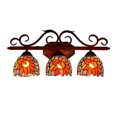 Imagem de Espelho de banheiro com iluminação frontal em estilo Tiffany, com vitral de girassol, luminária de parede com 3 lâmpadas para maquiagem, ideal para quarto, sala de estar e corredor.
