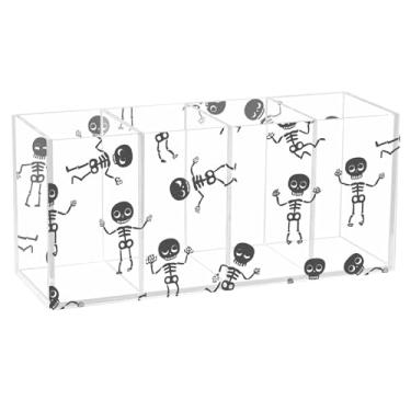 Imagem de Burbuja Suporte de caneta de acrílico com esqueletos de desenho animado, 4 compartimentos, suporte de lápis transparente para pincéis de maquiagem, acessórios de mesa de escritório em casa