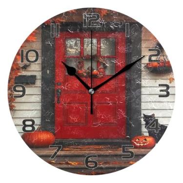Imagem de YETTASBIN Relógio de parede de porta vermelho de Halloween, silencioso, sem tique-taque, operado por bateria, relógio redondo decorativo criativo para cozinha, sala de estar, banheiro, decoração de