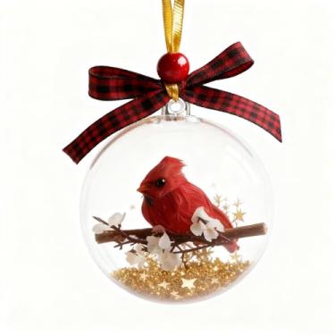 Imagem de Bola de enfeite de Natal de acrílico transparente com design de pássaro cardeal, esfera semelhante a vidro com flores de cerejeira, detalhes de glitter dourado, decoração de árvore de férias (A (1