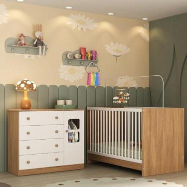 Imagem de Berço 3 em 1 para Colchão 130x60cm com Cômoda 1 Porta 4 Gavetas Brisa Multimóveis Mp4739 Madeirado/branco