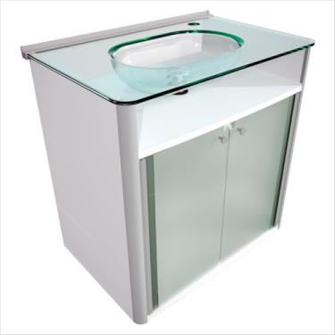 Imagem de Cris Metal Gabinete para Banheiro Classic Silver com Tampo de Vidro Lapidado, Cuba Moldada, Válvula Cromada, Perfil de Alumínio, 62x41x63cm