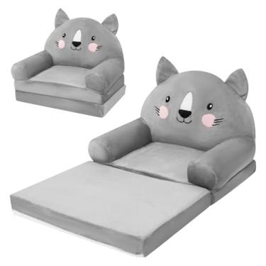 Imagem de Sofá-cama dobrável para crianças, confortável 2 em 1, conversível, para espreguiçadeira, cama dobrável com enchimento de espuma para meninos e meninas de 1 a 4 anos (gato cinza)