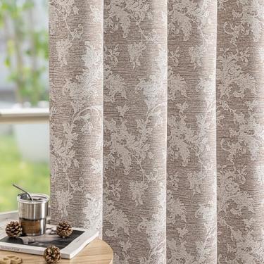 Imagem de FMFUNCTEX Cortinas blackout de jacquard floral marrom 213 cm de comprimento para quarto, cortinas de chenille para casa de fazenda com flores de rolagem para escurecimento da sala de estar, cortinas