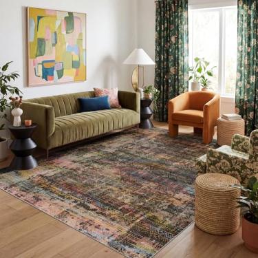 Imagem de Kokia Tapetes abstratos laváveis para ambientes internos 15 x 23 cm, boho, envelhecido, retrô, pilha baixa, antiderrapante, antiderrapante, preto, cinza, quarto, sala de estar, sala de jantar, fogos