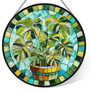 Imagem de Protetor solar de vitral para janela, apanhador de sol de folha Monstera verde de 20 cm, decoração de painel de vidro colorido para aniversário, Natal, presentes de inauguração de casa para mulheres e