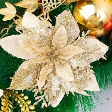 Imagem de 5 peças de tecido com glitter de Natal, flor, poinsétia artificial, cabeça floral, árvore de Natal, decoração faça você mesmo, enfeite de guirlanda, decoração de casa, ouro, 14 cm