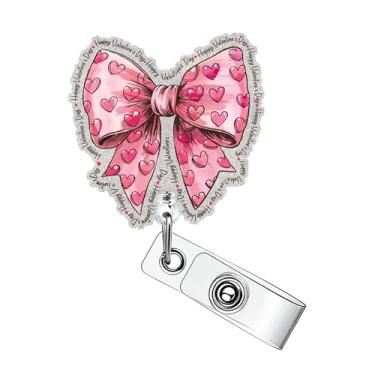 Imagem de Carretel de crachá de laço rosa para dia dos namorados retrátil clipe de crachá de acrílico fofo suporte de crachá de laço de coração rosa com clipe jacaré, suporte de cartão de identificação de