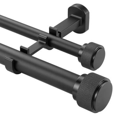 Imagem de Varão de cortina duplo de 3,5 cm - Varões de cortina premium não ajustáveis de 182,8 cm/1,8 m - Varões de cortina duplos resistentes para janelas com acabamentos de alumínio sólido e suporte de