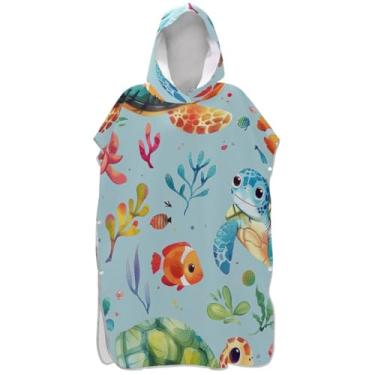 Imagem de Joisal Roupão de mudança para adultos, poncho de surfe, praia, banho, toalhas com capuz, vestíveis, bonitos, desenhos animados, tartaruga, azul, ponchos de praia para homens